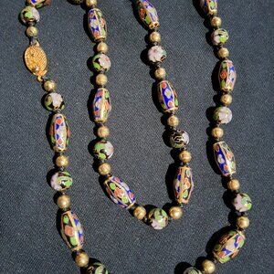 Vintage Chinese Cloisonne Champleve Hand Painted Clasp Knotted Necklace 24''